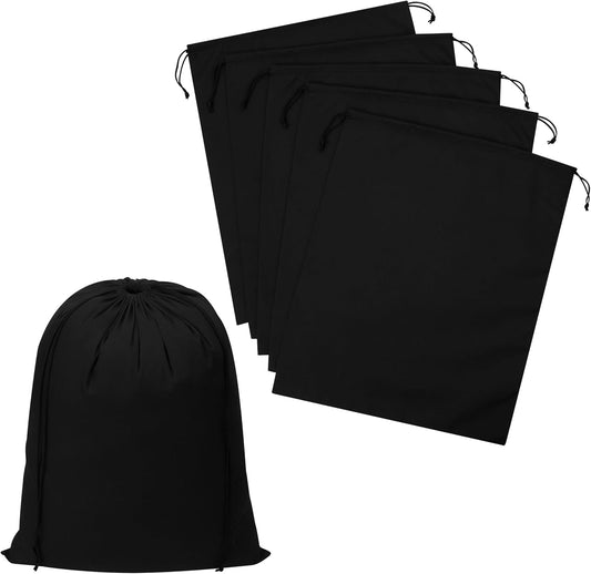 Black Cotton Drawstring Bags, Reusable Quality with Double String, for Pantry Gifts Shoes Storage Garments - Pack of 6 (Black Cotton Blend, 14 X 17 Inch)