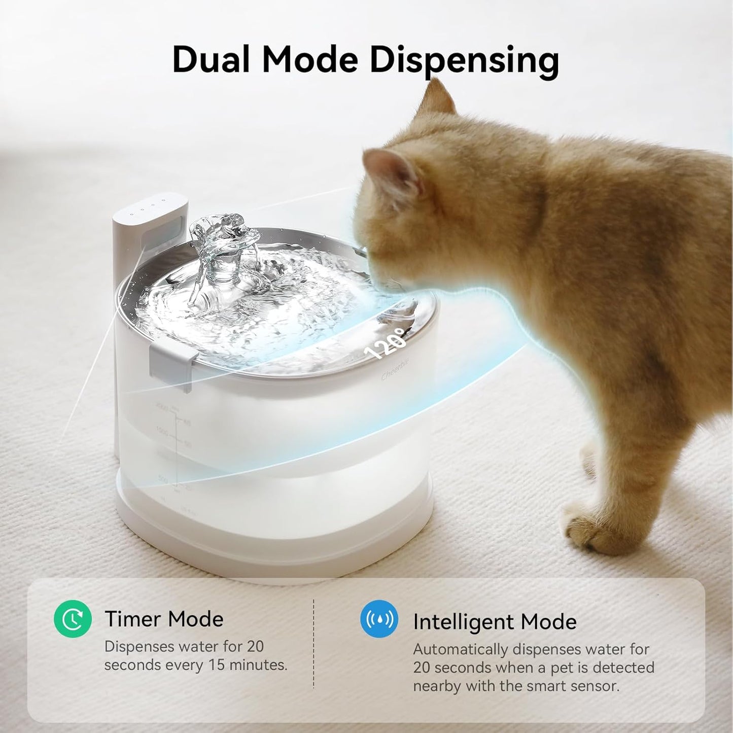 Cheerble Pumpless Cat Water Elfin Fountain, Wireless Pet Fountain Battery Operated, 2L/67Oz E1+ Automatic Water Dispenser Cats & Dogs Magdrive™ Technology Stainless Steel Tray, No Cleaning Hassle