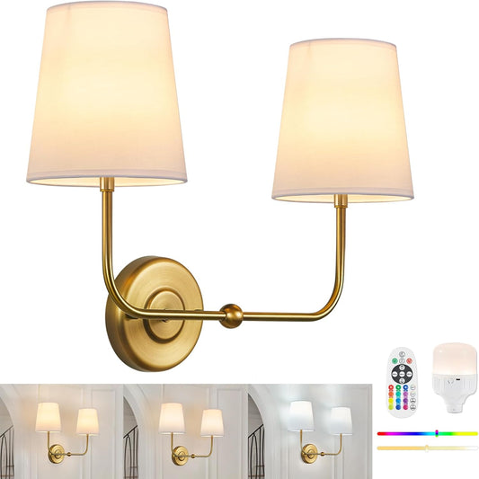 Battery Operated Double Wall Sconce, Cordless Rechargeable Battery Powered 2-Lights Fabric Sconces with Remote Control,13000Mah Dimmable Sconce Wall Decor Lights for Bedroom, Living Room