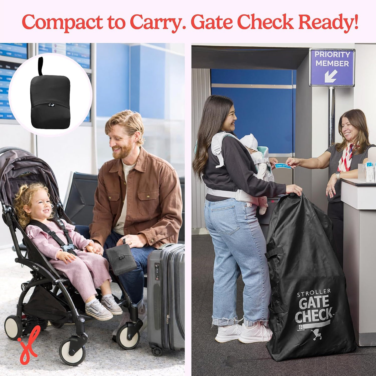 J.L. Childress Gate Check Travel Bag for Single & Double Strollers, Black