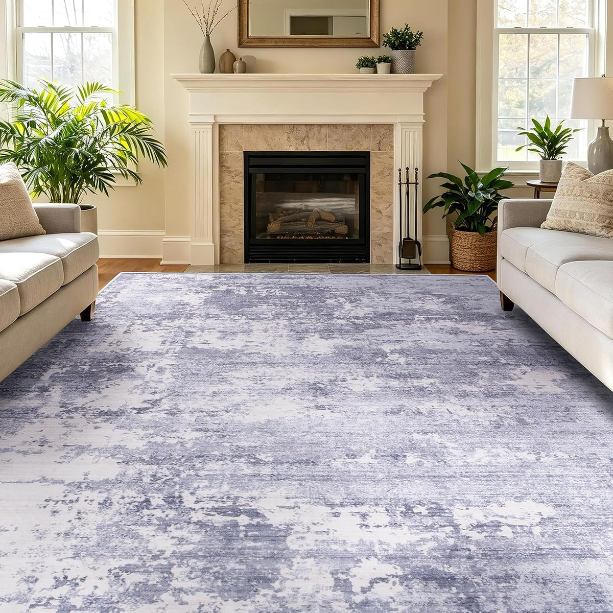 5X7 Area Rugs Living Room Rug Abstract Washable Rug Non-Slip Soft Low Pile Indoor Floor Stain Resistant Thin Carpet for Bedroom Dining Room Home Office Farmhouse Nursery - Light Gray & Cream 5' X 7'