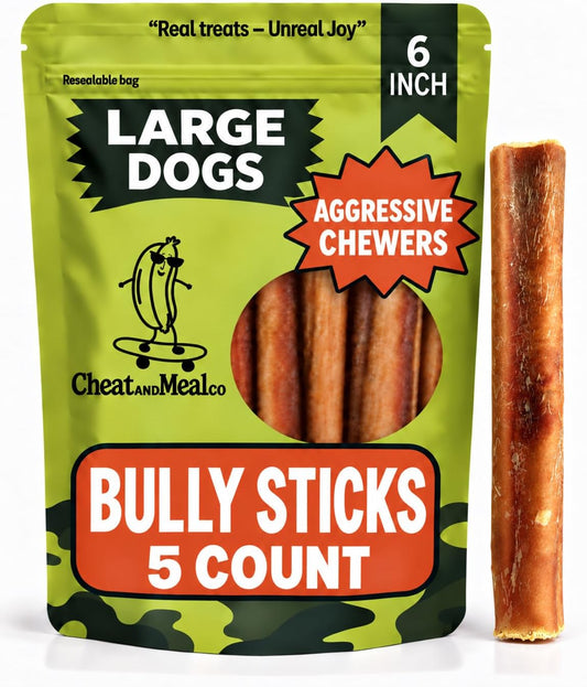 Extra Thick Bully Sticks for Large Dogs, Aggressive Chewers, 6 Inch 5 Count