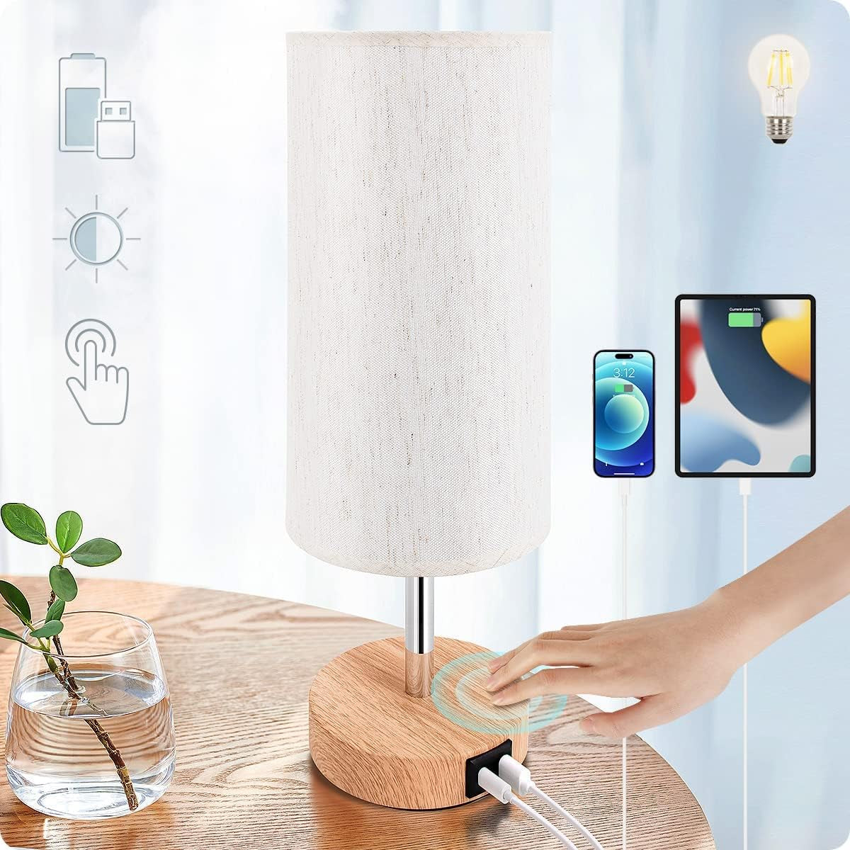 Yarra-Decor Bedside Lamp with USB A+C Port - Touch Control Table Lamp for Bedroom Wood 3 Way Dimmable Nightstand Lamp with round Flaxen Fabric Shade for Home Office (LED Bulb Included)