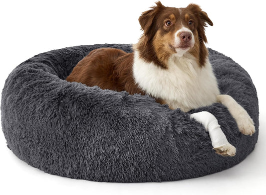 Bedsure Supportmax™ Calming Dog Beds Large Sized Dog - 36In Donut Washable Large Pet Bed,Anti-Slip ＆Removable Cover,420Gsm round Anti-Anxiety Fluffy Plush Faux Fur Bed, Fits up to 80 Lbs Pets