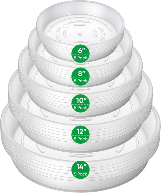 25 Pack Plant Saucer Tray, 6/8 / 10/12 /14 Inch Heavy Duty Flower Pot Trays, Plastic Plant Saucer for Indoor & Outdoor Plants, Plant Trays to Catch Water, 5 Pieces of Each Size