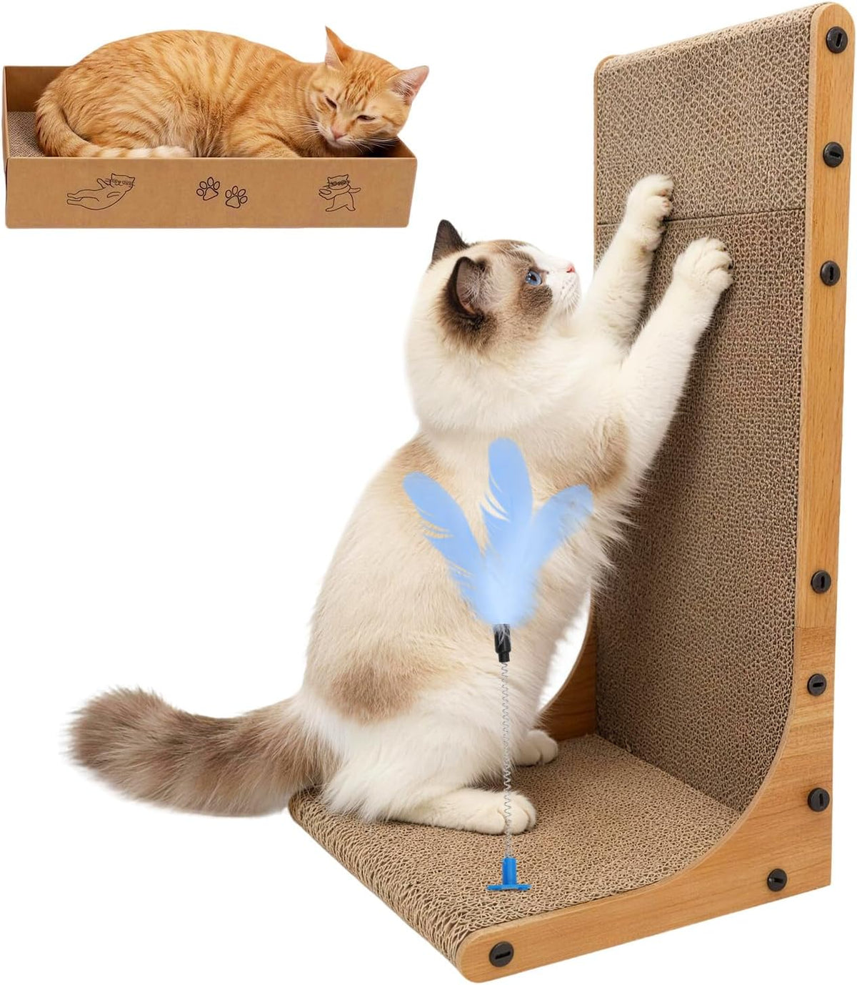 22In L-Shaped Cat Scratcher 2-In1 Scratching Board for Indoor Cats Protecting Furniture Cardboard Box Scratch Pad, Scratching Posts with Feathered Toy