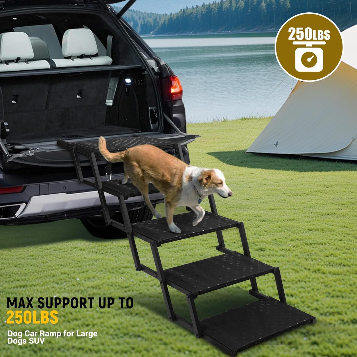 Dog Stairs for Car - Foldable Dog Ramps for Large Dogs with Non Slip Surface, Portable Dog Steps for Cars and SUV, Truck, Support up to 200 Lbs