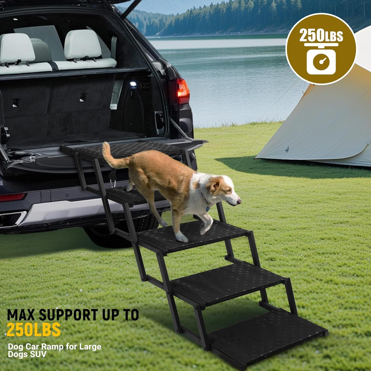 Dog Stairs for Car - Foldable Dog Ramps for Large Dogs with Non Slip Surface, Portable Dog Steps for Cars and SUV, Truck, Support up to 200 Lbs