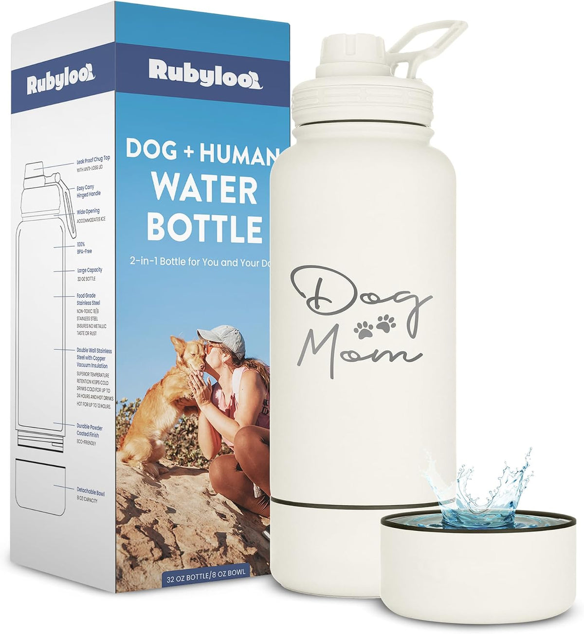 Rubyloo Dog Mom Water Bottle with Detachable Bowl for Dog Lovers