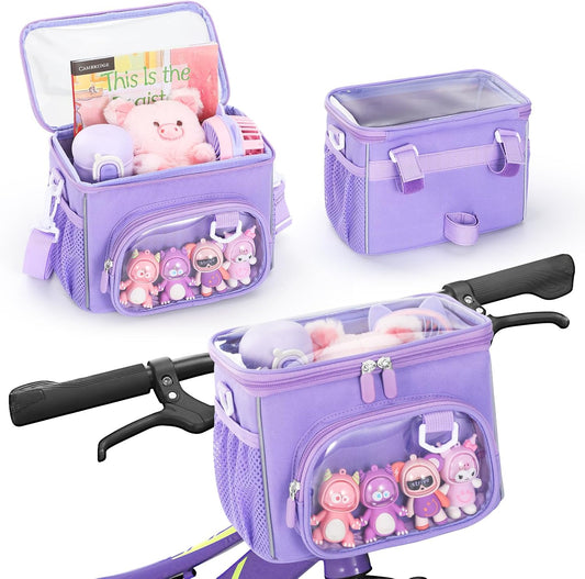 Large Capacity Waterproof Kids Bike Basket, Handlebar Bag with Reflective Strip & Transparent Phone Pocket, Convertible Shoulder Bag for Boys Girls, Scooter Front Basket