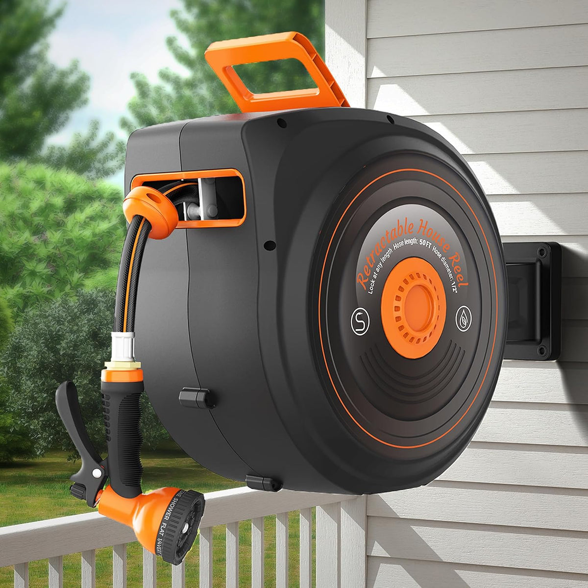 Retractable Garden Hose Reel 50 FT 1/2 in for Outside, Upgraded 10 Spray Patterns, Heavy Duty Automatic Water Hose Reel with Any Length Lock, Wall Mount, Pro Guide System, 180° Swivel