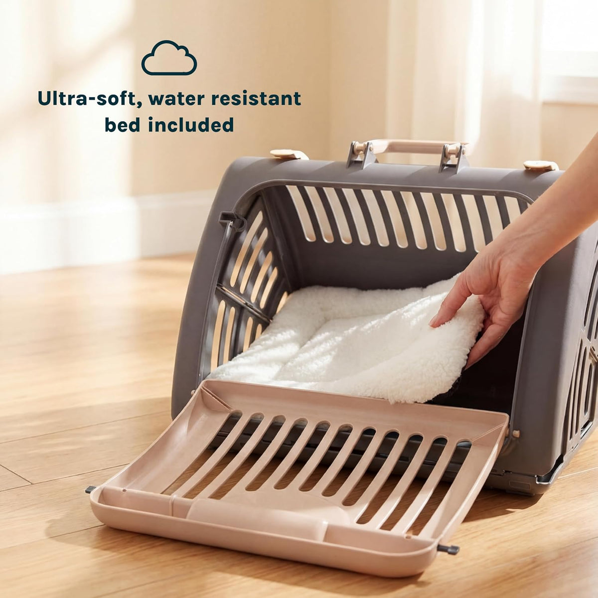 Sportpet LARGE Hard-Sided Travel Cat Carrier - Cat Carrier with Patented Wide Side-Opening Door, Foldable Portable Pet Carrier with Removable Bed for Cats & Small Pets up to 25Lbs - Gray/Tan