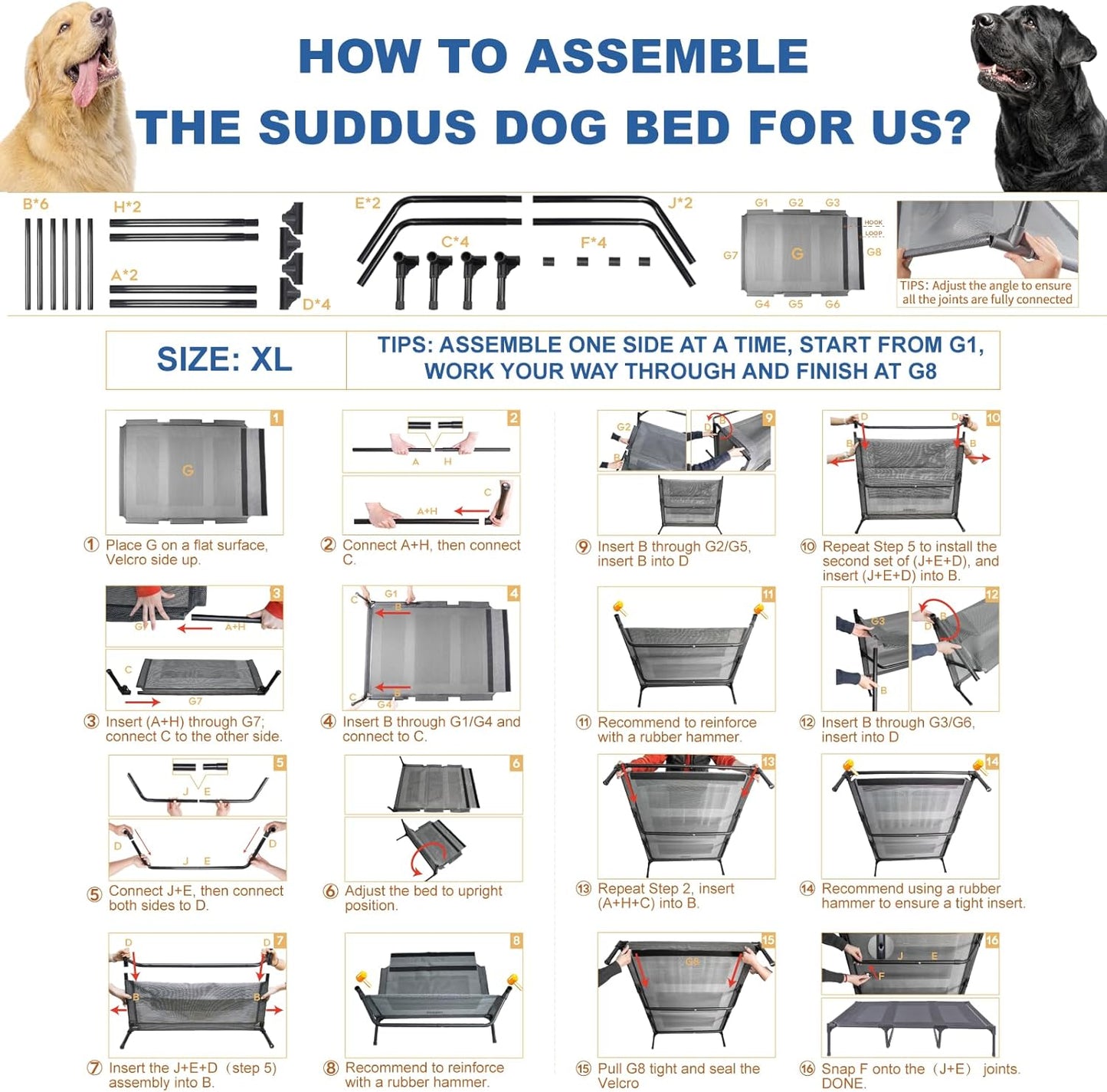 Suddus Elevated Dog Bed for Large Dogs 140Lb, Breathable Cooling Raised Dog Cot with Dual Support Bars & Metal Frame, No-Slip Feet, Waterproof Pet Bed for Indoor/Outdoor, X-Large, 48 * 36 * 9In, Grey