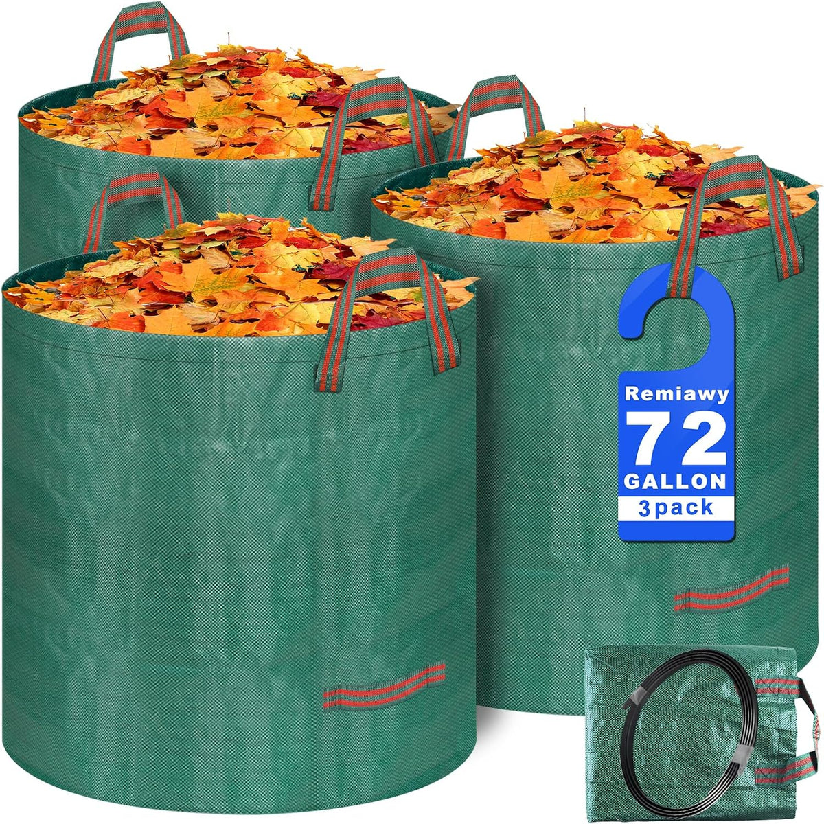 Remiawy Reusable Yard Waste Bags, 3 Packs 72 Gallons Lawn and Leaf Garden Bags with Reinforced Carry Handles Heavy Duty Garden Waste Bags Camping Yard Recycling Trash Bags for Debris Leaves Grass