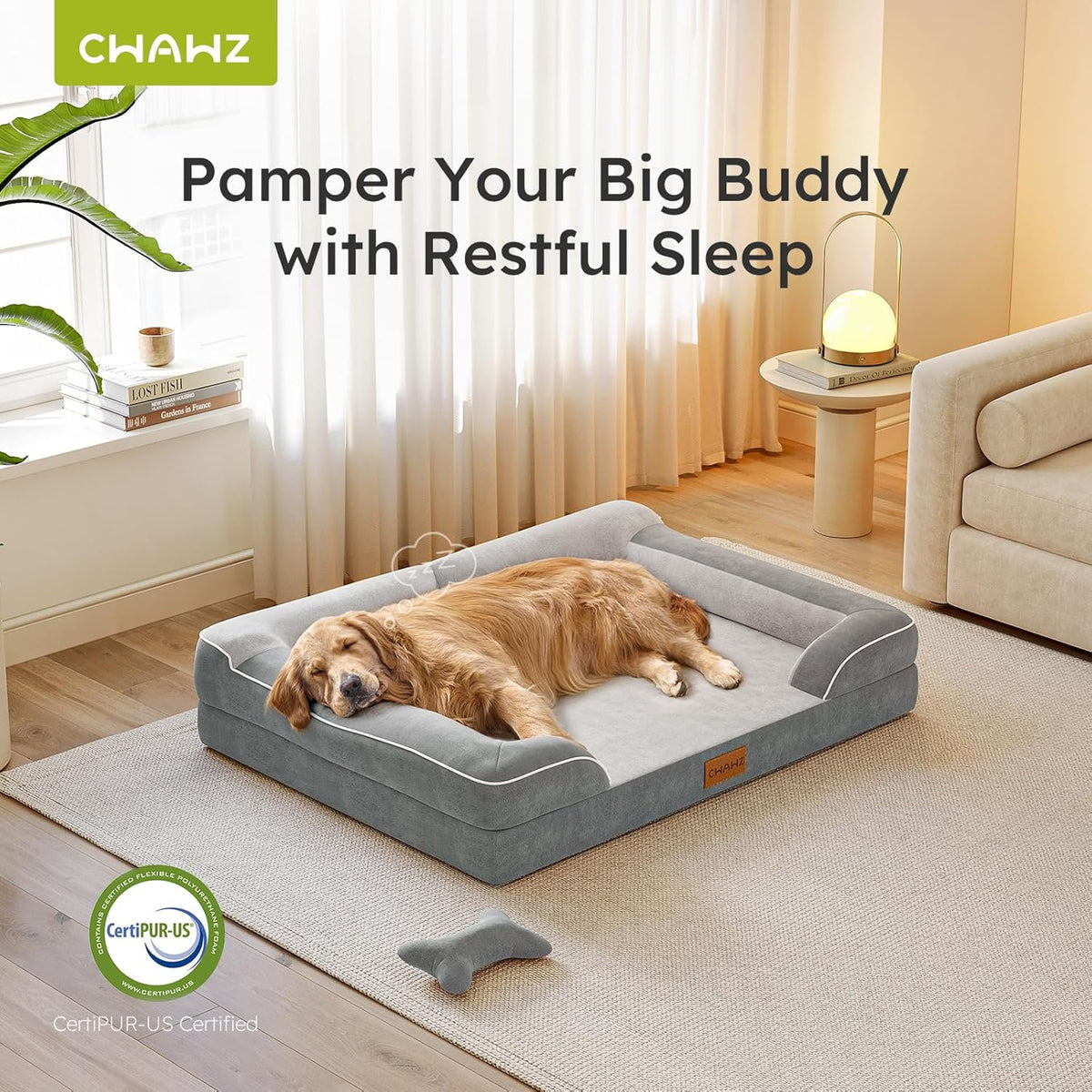 CWAWZ Extra Large Dog Bed, Orthopedic Dog Bed with Cooling Gel Memory Foam, Waterproof XL Pet Bed with Removable Washable Cover, 42" Pet Sofa Couch Dutch Velvet with Bone Toy, Light Gray
