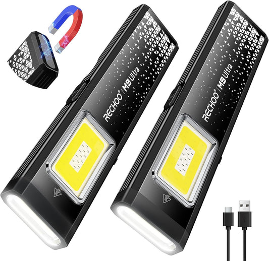 RECHOO Flat EDC Flashlight Rechargeable, 8-Mode Slim Pocket Flashlight with Magnetic Base & Clip, Lightweight Mini Rechargeable Flashlights for Home, Work, Camping, Car Repair & Emergencies