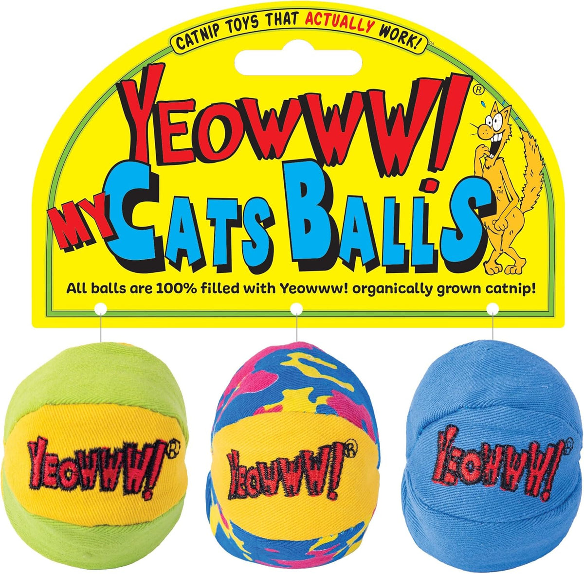Yeowww! Catnip My Cats Balls Toys for Cats - 3-Pack - Durable Cotton Twill - Made in the USA - Stuffed with Organically Grown Catnip