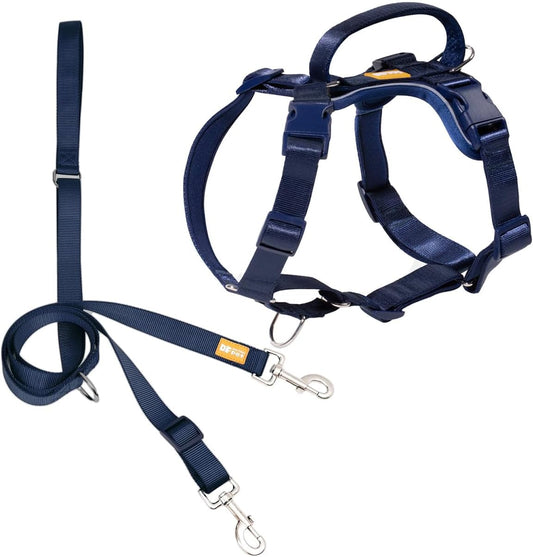 DF Freedom No Pull Martingale Dog Harness and Leash Set, Front Clip Adjustable Harness with Reflective & Padded Handle, Easy Walking & Training, Navy Blue, 1", Chest 22"-30"