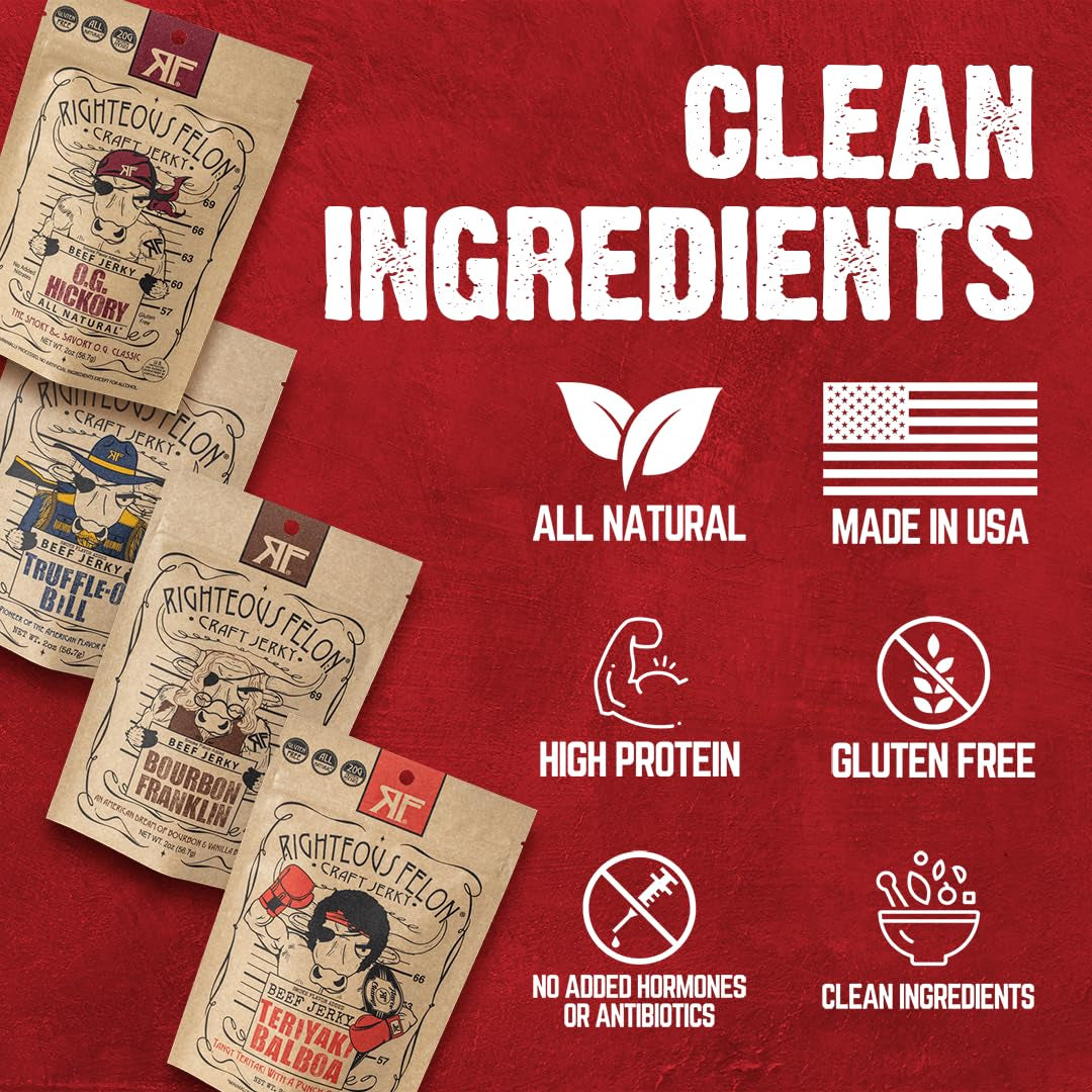 Righteous Felon Beef Jerky - High Protein Jerky Snack Pack - Father'S Day Jerky for Dad - Locally Sourced & Dried Beef Jerky - Low-Sugar, Keto, Gluten-Free Jerky Snacks - Savory 4 Pack Sampler