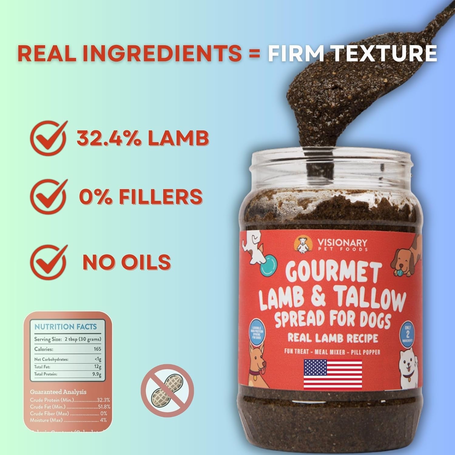 Visionary Pet Foods Lamb and Tallow Meat Spread - Healthy Dog Treat - Alternative to Dog Peanut Butter, Xylitol Free, No Sugar and Filler Free - Use on Lick Mat, Food Mixer, Pill Pockets - 12Oz Jar
