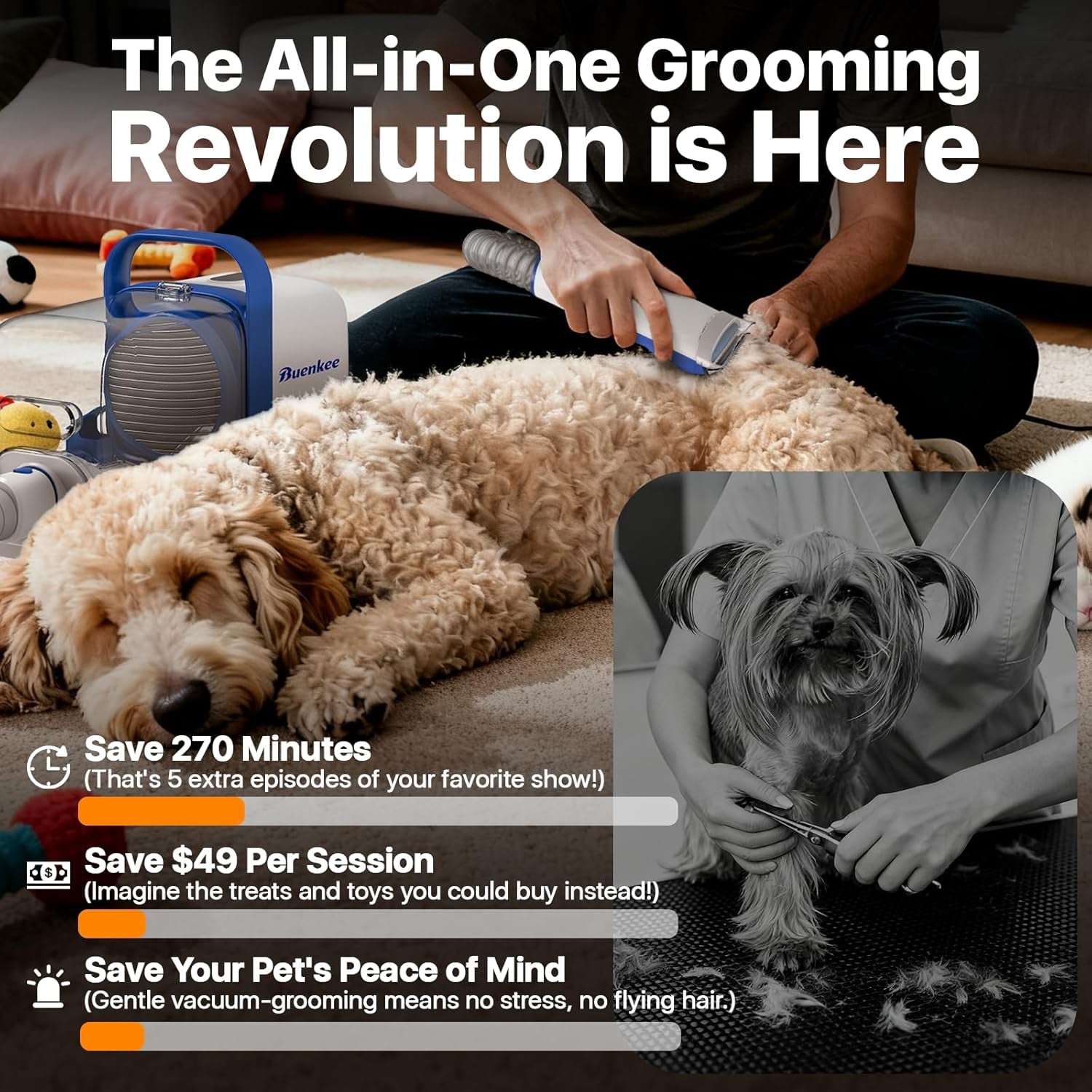 Buenkee Dog Grooming Kit with Vacuum, 15000Pa Pet Hair Clipper and Shedding Brush, 50Db Low Noise, 2L Capacity, White