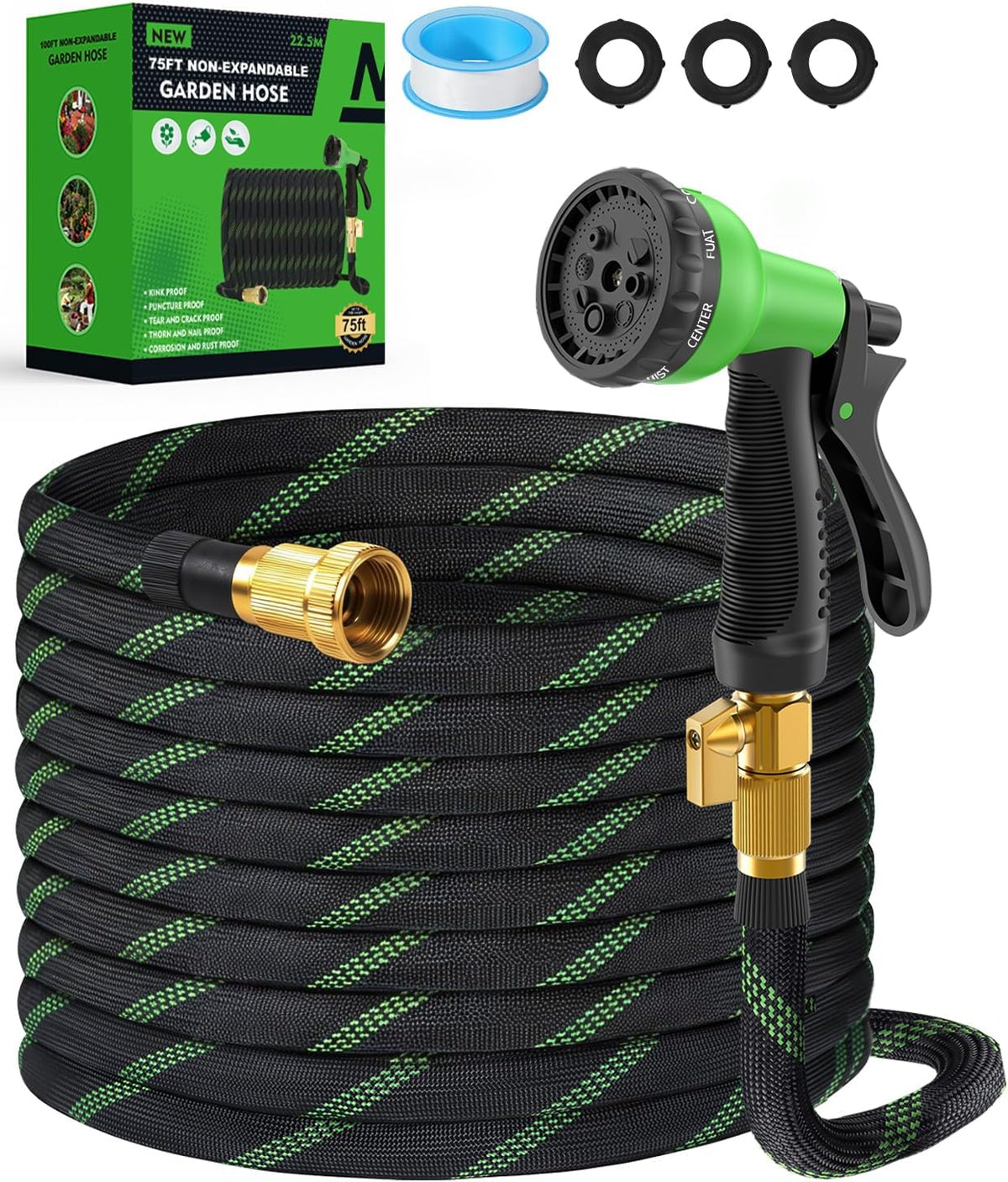 75Ft Garden Hose，Non-Expandable Water Hose with 8 Function Spray Nozzle, Burst-Resistant，Kink-Free，Lightweight，Durable & Flexible 3/4" Garden Hose for Gardening, Yard，Lawn, Car Washing
