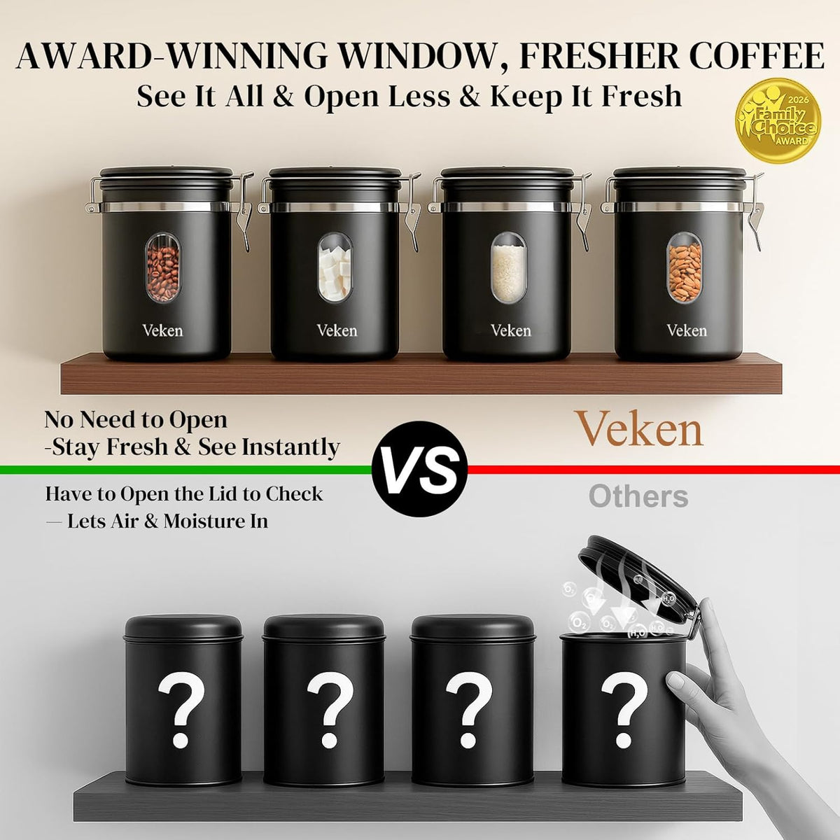 Veken Coffee Canister with Window,Airtight Stainless Steel Compact Jar,16Oz