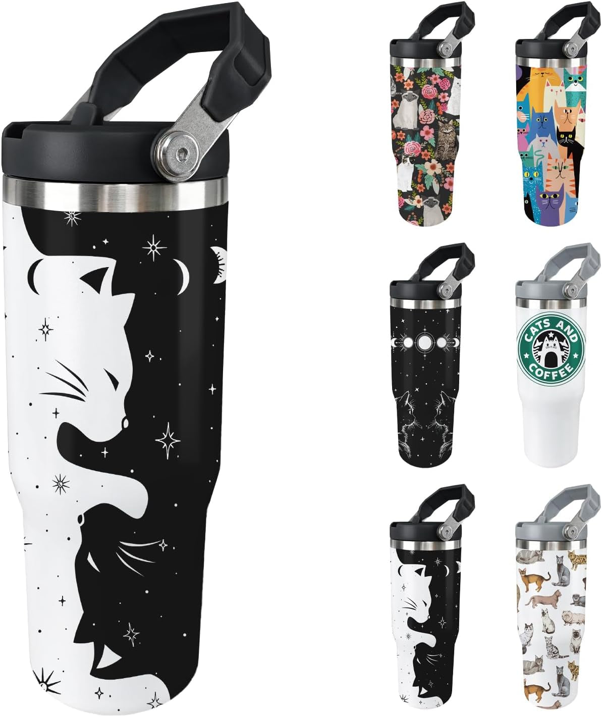 Cat Tumbler with Lid and Straw 30Oz Stainless Steel Cute Water Bottle Cup Funny Cat Gifts for Women