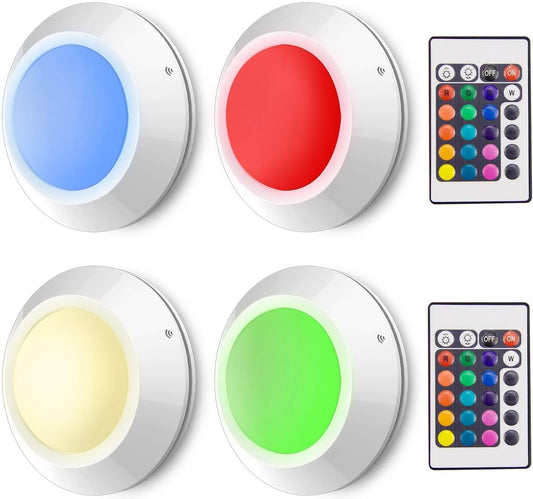 HONWELL Push Lights, LED Puck Lights with Remote, Battery Operated under Cabinet Lighting,Cordless RGB Color Changing Touch Fairy Light with Dimmer, Stick on Light for Closet Classroom Shelf