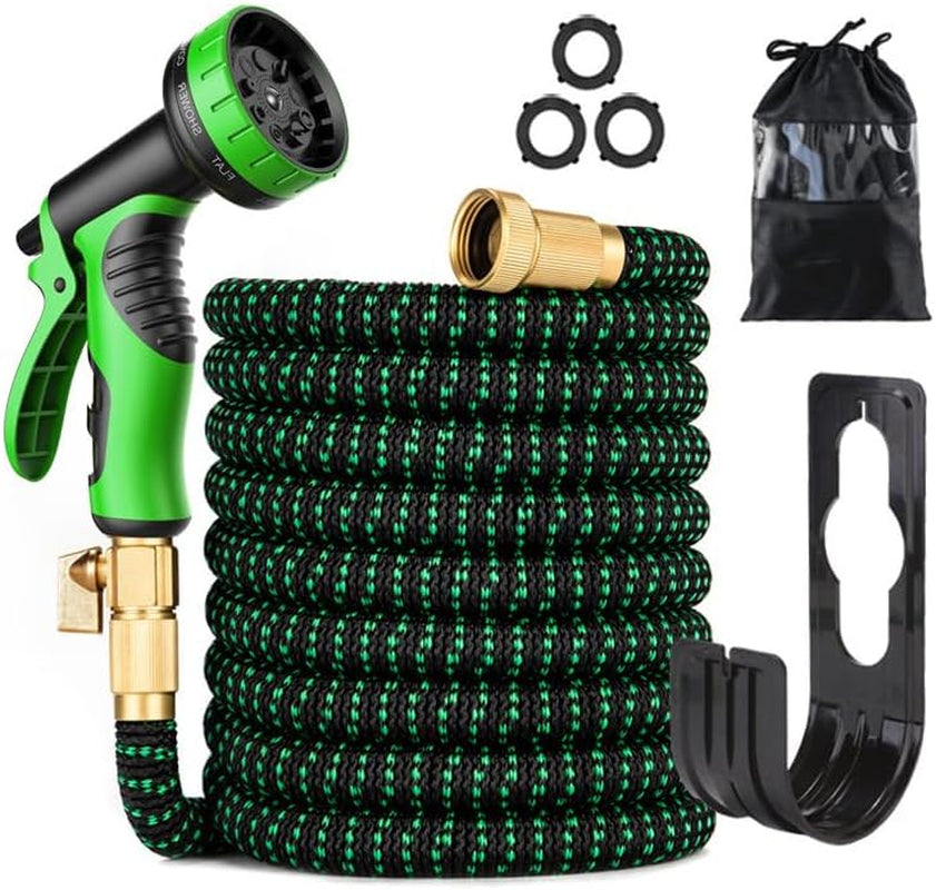 100 Ft Expandable Garden Hose - Flexible Water Hose with 10 Spray Nozzle - Car Wash Hose with 3/4" Solid Brass Connector - Flexible Expanding Hose with 10 Pattern Spray Nozzle