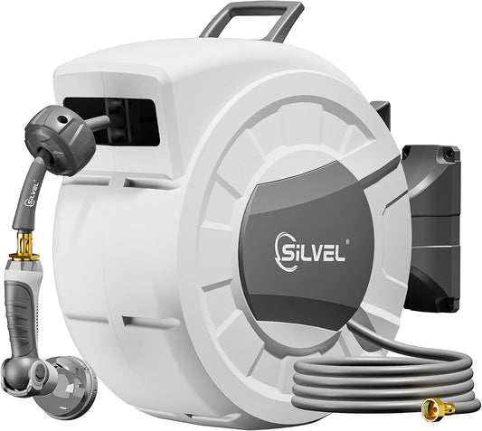 Retractable Garden Hose Reel, 1/2" X 100Ft Wall Mount Heavy Duty Automatic Hose Reel with 10 Pattern Nozzle, Any Length Lock & Slow Return System, 180°Swivel Bracket Upgraded UV Resistant,Light Grey