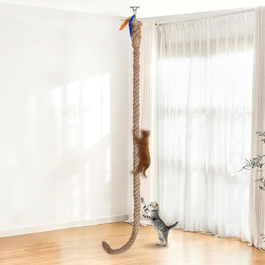 2" X 9.84 Ft Climbing Rope for Cats Indoor, Sisal Rope for Cat Scratcher for Ceiling with Hook, Wall-Mounted Scratcher with Feather Toy for Indoor