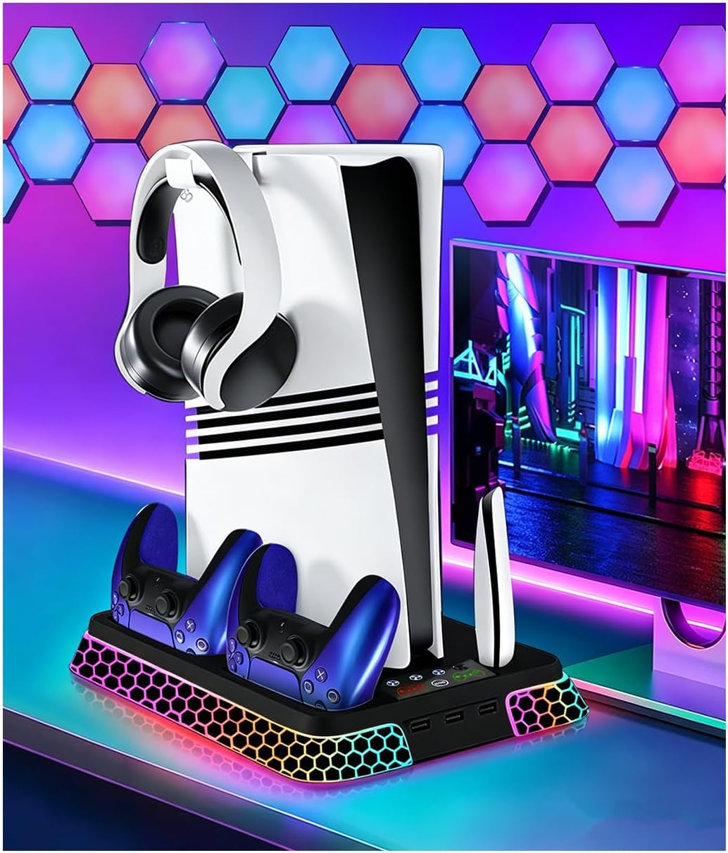 PS5 Stand with Hexagon RGB Aesthetics,Ps5 Cooling Station for Playstation 5 Slim Pro Disc Digital Console with Cooling Fan,Dual Controller Fast Charger USB Hub Headset Holder Game Storage (Black)