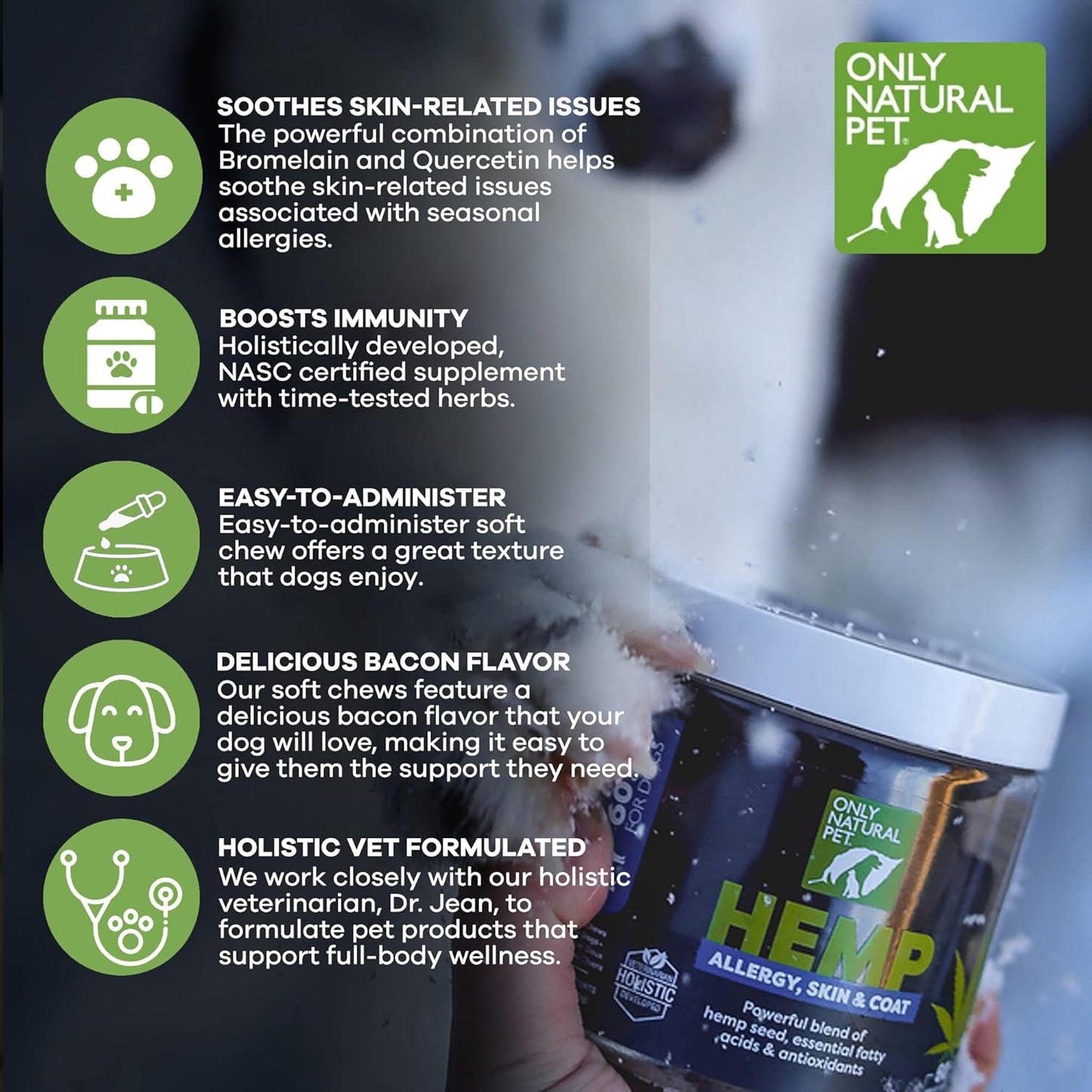 Only Natural Pet Allergy, Skin & Coat Hemp Soft Chews - Allergy Immune Bites for Dogs, Omega 3 Supplement, Calming Treats for Itchy Skin Relief, Hot Spot - (120 Count) (Al.)