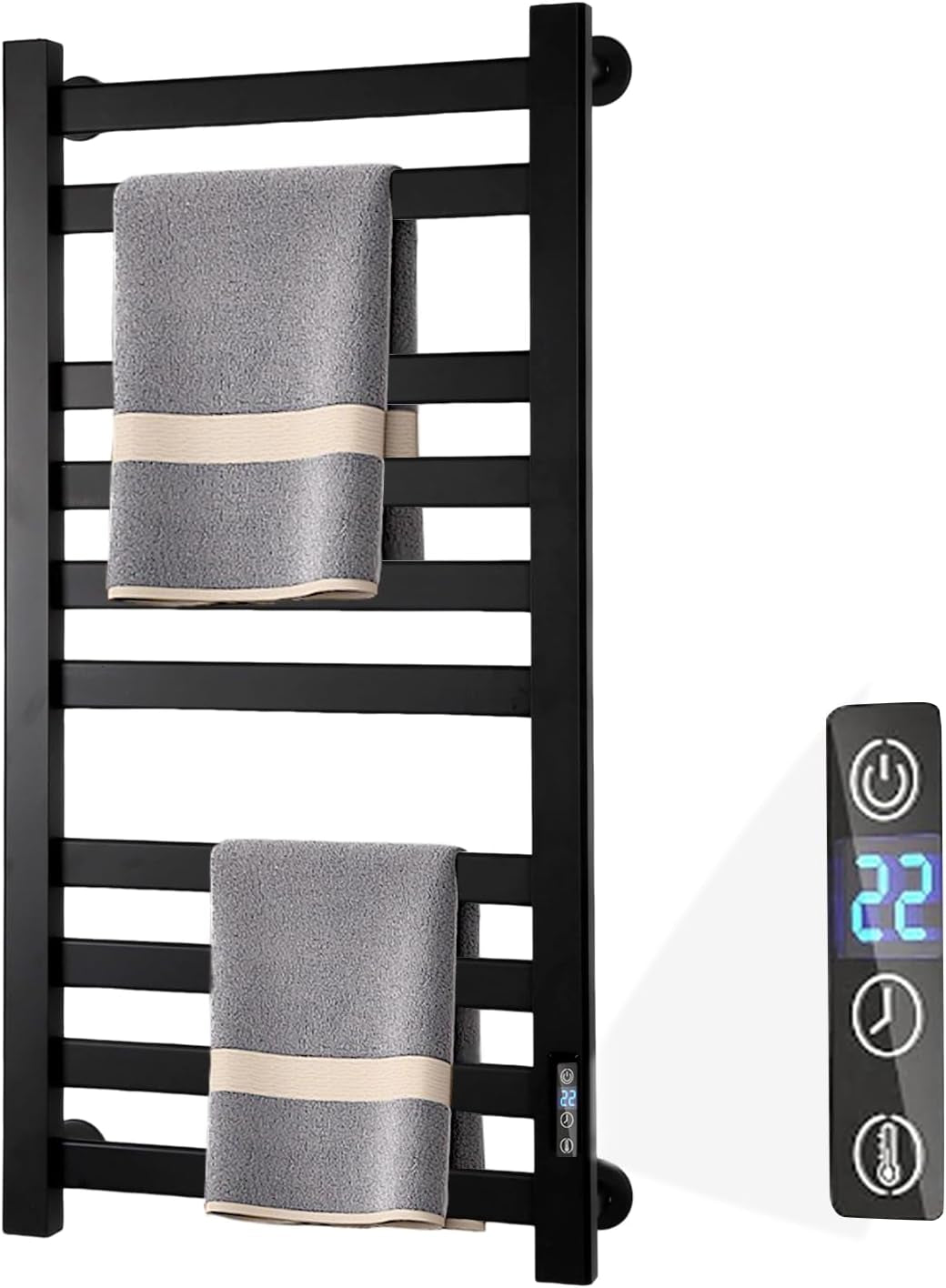 Heated Towel Rack Timer & Multi-Level Temp Adjustment Black