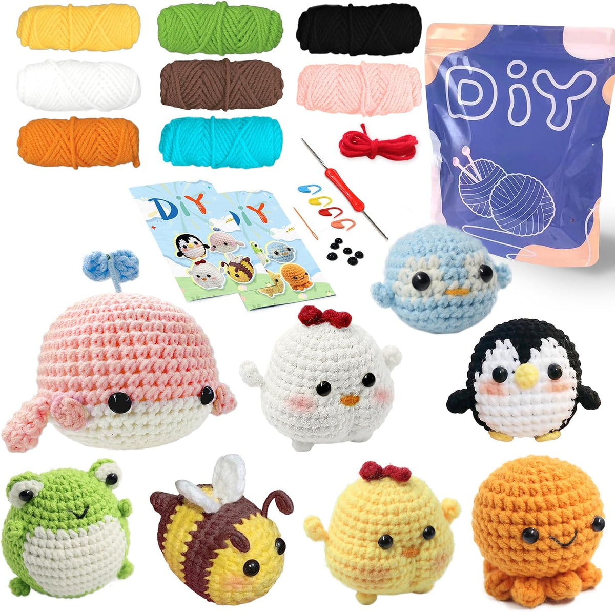 YAMAXIN Crochet Set for Beginners,For Complete Adults, Animal Crochet Hook Set for Beginners, Crochet Knitting Set with Video (8Pcs Octopuses, Chickens, Frogs, Penguins, Whales, Bees)