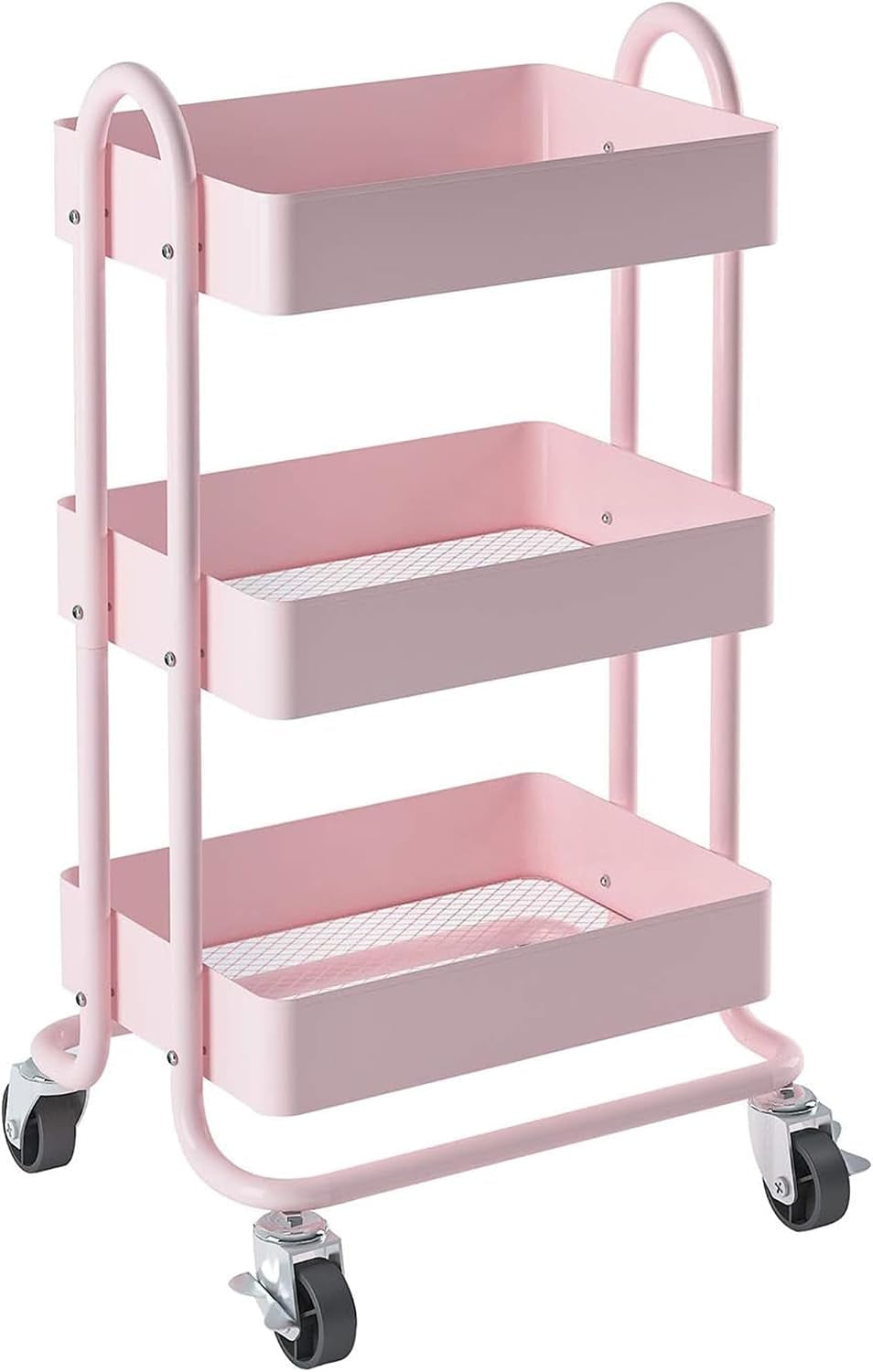 Metal Rolling Cart,3-Tier Pink Rolling Cart with Wheels,Metal Utility Cart with Wheels for Office,Home,Kitchen,Garden（13.4"X18.1"X31"） Pink