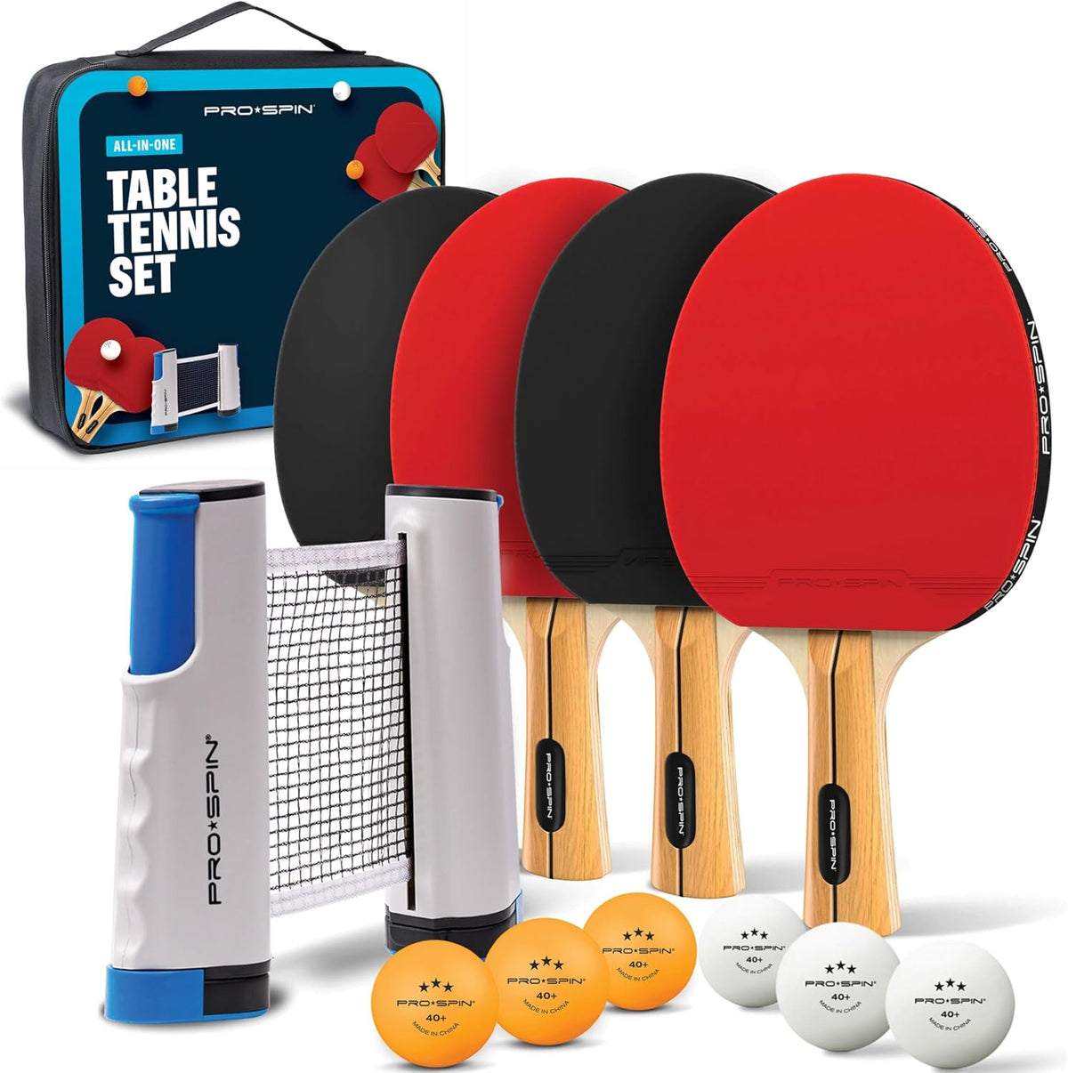PRO-SPIN Portable Ping Pong Set with Retractable Ping Pong Net for Any Table, All-In-One Table Tennis Set with Ping Pong Paddles, Balls & Case, Table Top Family Game