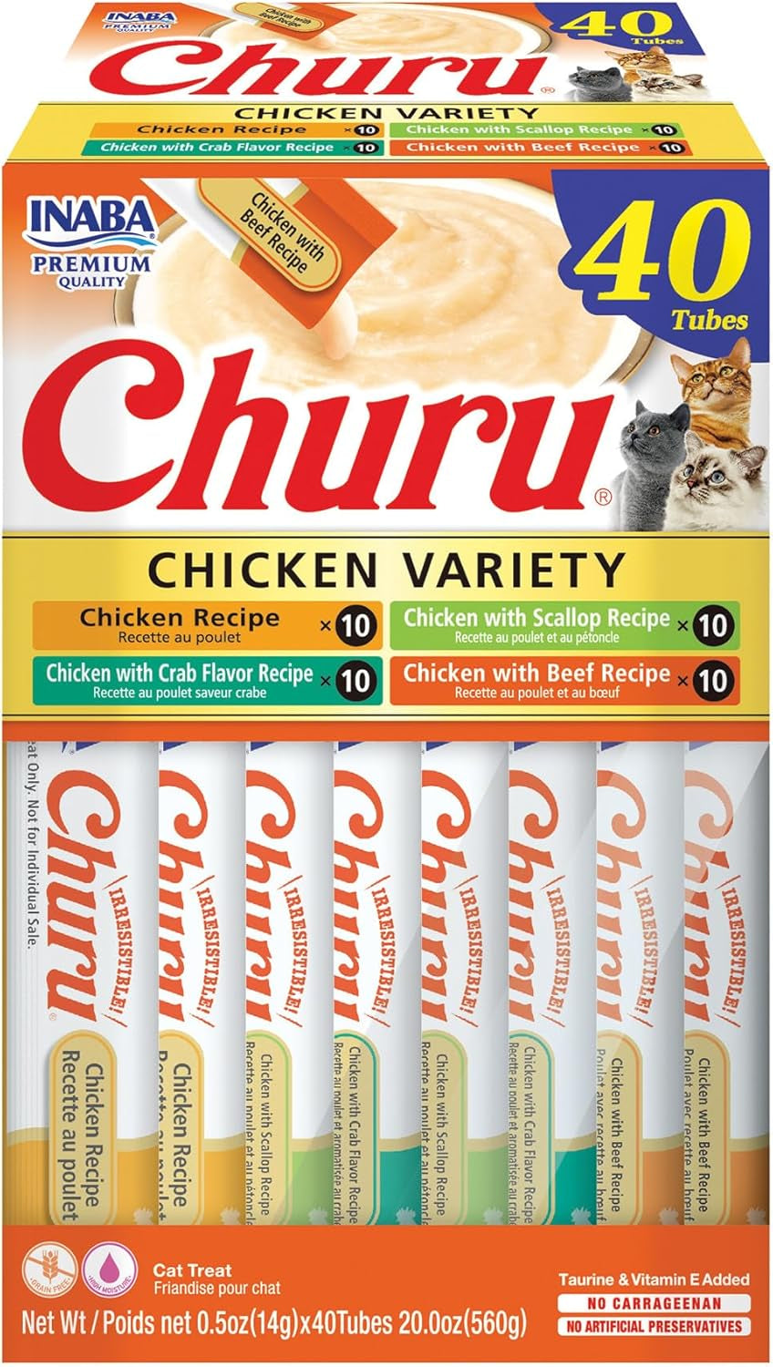 INABA Churu Cat Treats, Lickable, Squeezable Creamy Purée Cat Treat with Green Tea Extract & Taurine, 0.5 Ounces Each Tube, 40 Tubes, Chicken Variety Box