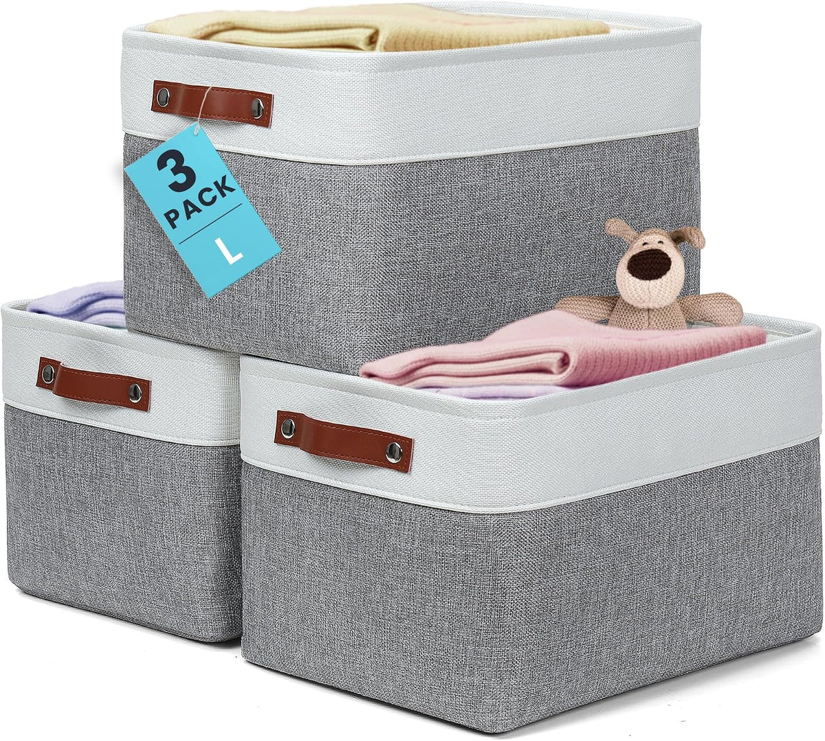 Organihaus 15X11In Canvas Storage Baskets 3 Pack - Fabric Bins for Shelves