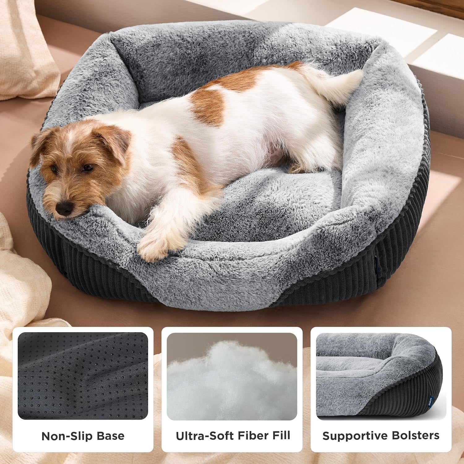 Bedsure Washable Dog Bed Small Medium Size Dog - Rectangle Fluffy Plush Pet Bed Puppy Bed, Comfy Corduroy Fleece and Nonskid Bottom,25X21X7Inches,Suitable for Pet up to 20Lbs,Grey