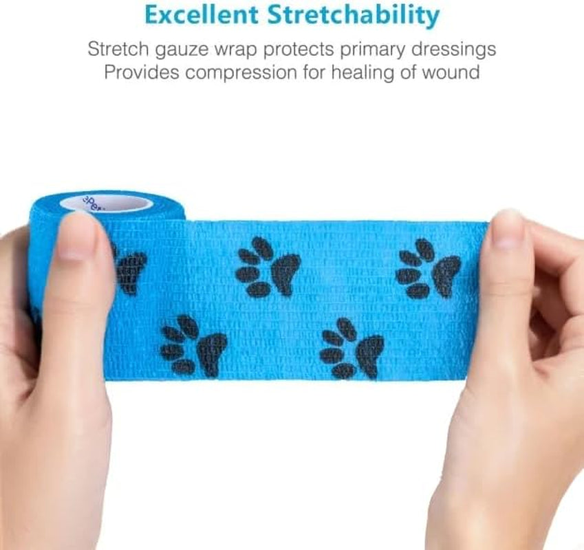 Wepet Pet Wrap, Self-Adhesive, Only Sticks to Itself, Non-Woven Tape for Dog Legs, Paws, Wounds, First Aid Cohesive Gauze for Horse, Cat, Bird, Animal, 6 Rolls, 2 Inch, Pawprints A