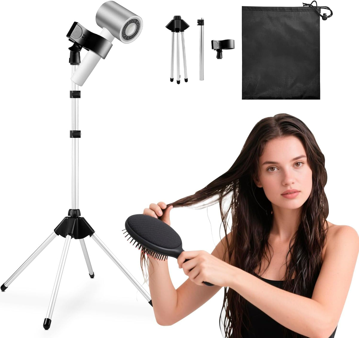 Hair Dryer Stand Holder 29-59Inch Adjustable Hands-Free Blow Dryer Holder with 360-Degree Rotation, Non-Slip Tripod, Universal Clip & Storage Bag for Bathroom, Vanity, Makeup Room