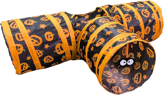 Halloween Cat Tunnel with 3-Way Design - Pumpkin Print Interactive Pet Play Tube for Kittens & Cats, Collapsible Cat Play Tunnel with Peek Hole, Fun and Durable Halloween Pet Toy