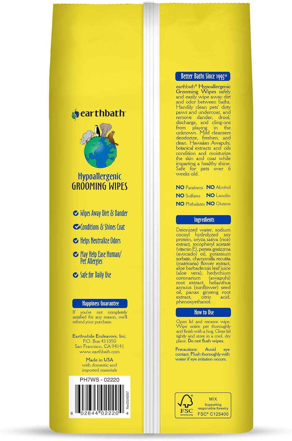 Earthbath, Hypo-Allergenic Grooming Wipes - Fragrance Free Dog Wipes for Paws and Butt, Best Pet Wipes for Dogs with Sensitive Skin, Made in USA, Cruelty-Free Dog Cleaning Wipes - 100 Count (2 Pack)