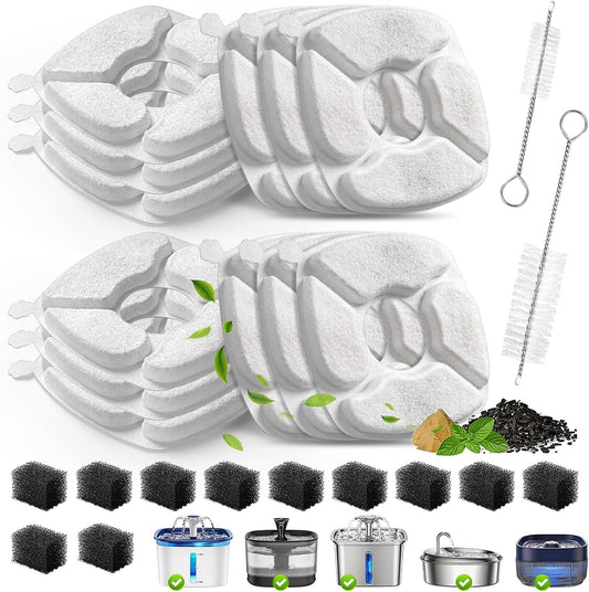 Cat Water Fountain Replacement Filters-12 Pack Cat Fountain Filters with 12 Pack Sponges, Enhanced Compatibility Pet Fountain Filter Fit for 50Oz, 84Oz, 95Oz or 108Oz Automatic Pet Dog Water Dispenser