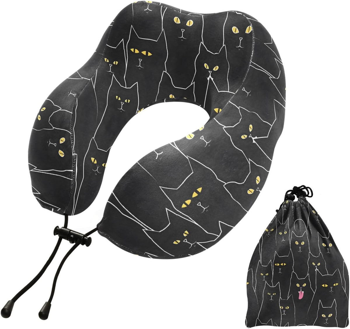 Travel Pillow for Neck Head, Black Cats Memory Foam Padding Sleeping Airplane Trains Cars Camping Office