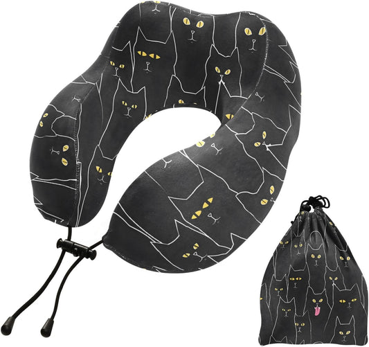 Travel Pillow for Neck Head, Black Cats Memory Foam Padding Sleeping Airplane Trains Cars Camping Office