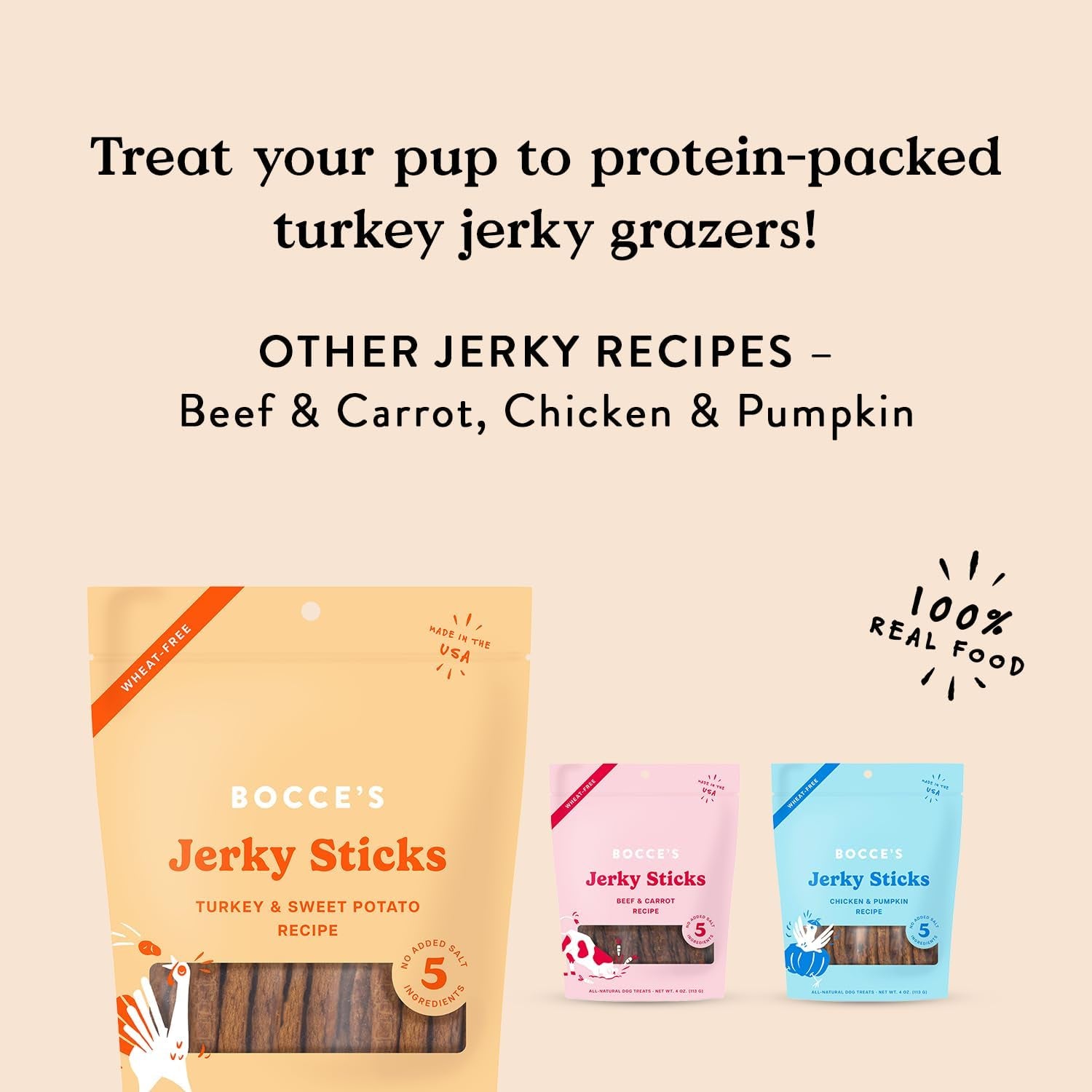 Bocce'S Bakery Jerky Stick Dog Treats, Wheat-Free, Made with Limited-Ingredients, Baked in the USA with No Added Salt or Sugar, Natural & High-Protein, Turkey & Sweet Potato, 4 Oz
