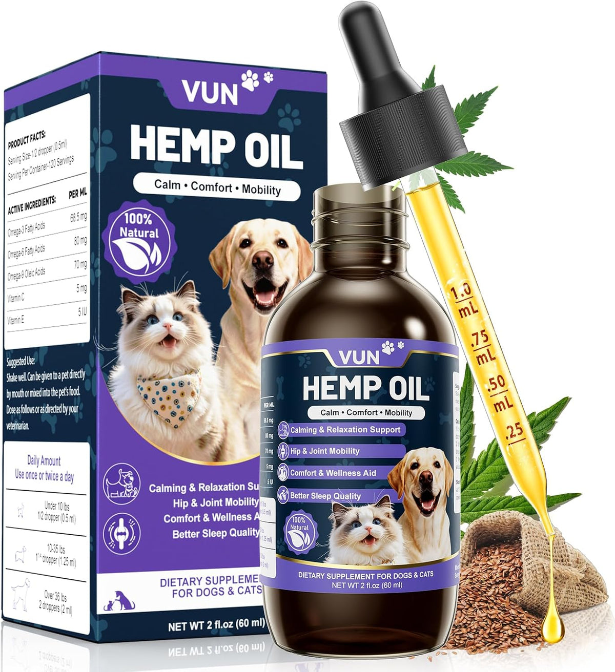 Hemp Oil for Dogs & Cats Anxiety, Stress Relief Drops with Omega 3-6-9